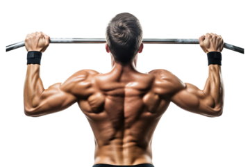 Close-up of a man's muscular back while doing a pull-up