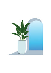 Minimalist indoor plant with blue arch window, modern vector illustration