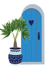 Blue door with palm plant in pot, Santorini style vector illustration