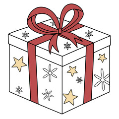 Decorated White Gift Box with Red Ribbon and Stars Keywords: gift, present, box, christmas