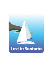 Sailboat in Santorini island sea, summer travel vector illustration