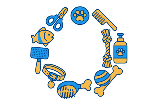 Stylized icons for pet grooming and toys arranged in a circular border