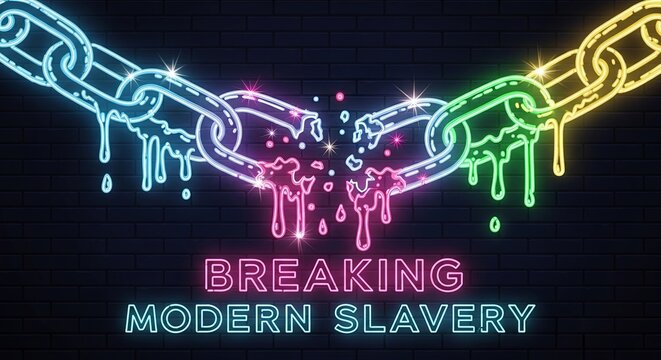 Neon sign of breaking chain with color dripping effect on brick wall. Concept of modern slavery abolition and human rights for December 2.
