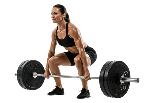 Strong woman preparing to deadlift a heavy barbell