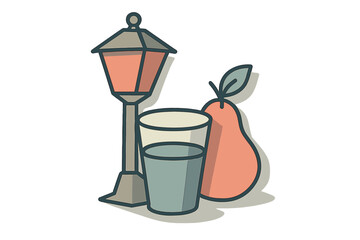 Glass of water, fresh pear, and vintage street lamp composition