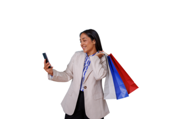 Happy woman shopping, holding colorful bags and using smartphone, connecting with digital retail on transparent background