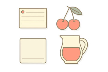 Pastel icons set with cherries pitcher and stationery cards