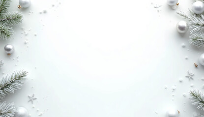 Clean White Christmas Background with Frosted Pine Branches, Silver Baubles, and Falling Snow — Minimal Luxury Holiday Design