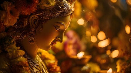 Beautiful Goddess Statue with Warm Festive Lights and Floral Decorations