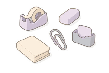 Isometric collection of supplies including tape dispenser and paper clip