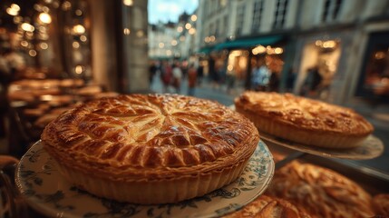 Freshly Baked Galette des Rois with Golden Crown Displayed in a Pastry Shop Window for Epiphany Celebration