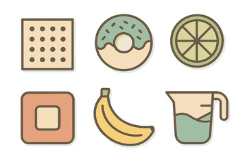 Collection of food and kitchen utensil icons in textured pastel colors