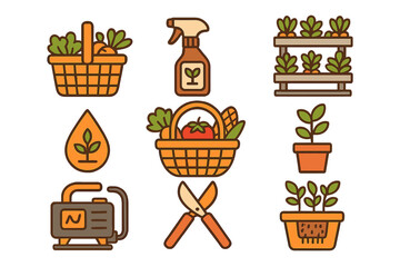 Gardening and farming equipment icons set with harvest baskets and plants