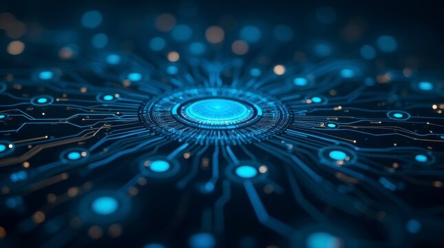 Cybernetic Core: Immerse yourself in the intricate heart of technological advancement, where circuits hum with power and data flows seamlessly through a vibrant blue network.