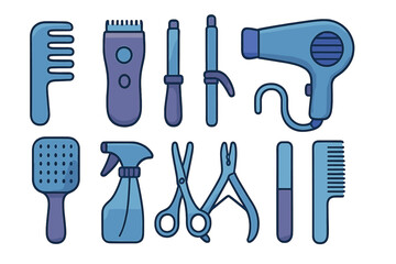 Set of blue and purple hair styling and grooming instrument icons