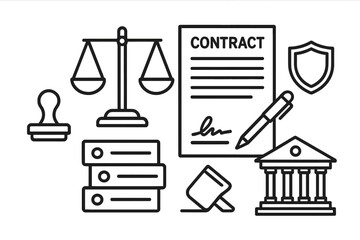 Collection of legal and business agreement icons featuring contract and justice symbols