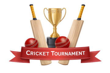 Cricket tournament trophy with bats balls and banner isolated on transparent background