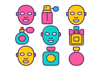 Set of colorful cosmetic and skincare icons featuring face masks and perfume bottles