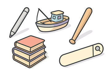 Assorted isometric icons for hobby and study activities