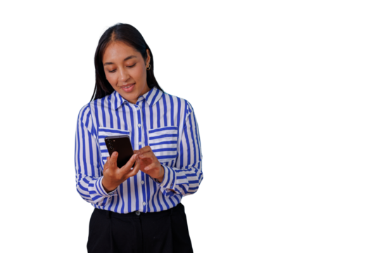 Woman engaging with mobile phone, browsing online content, connecting digitally on transparent background