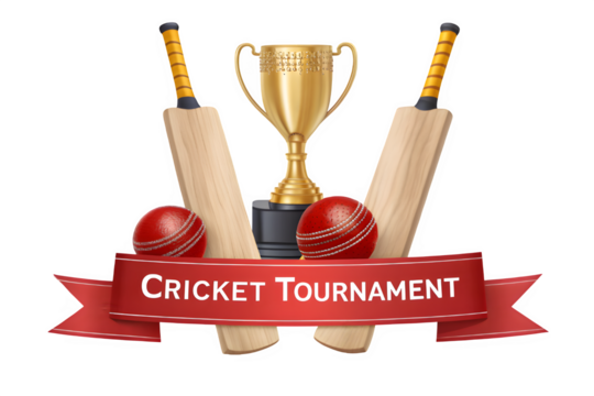 Cricket tournament trophy with bats balls and banner isolated on transparent background