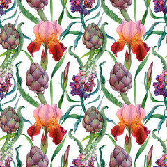 Watercolor Floral and Artichoke Seamless Pattern