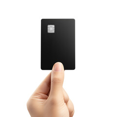 Hand holding black credit card with chip on transparent background, concept of finance, banking, payment and modern technology design