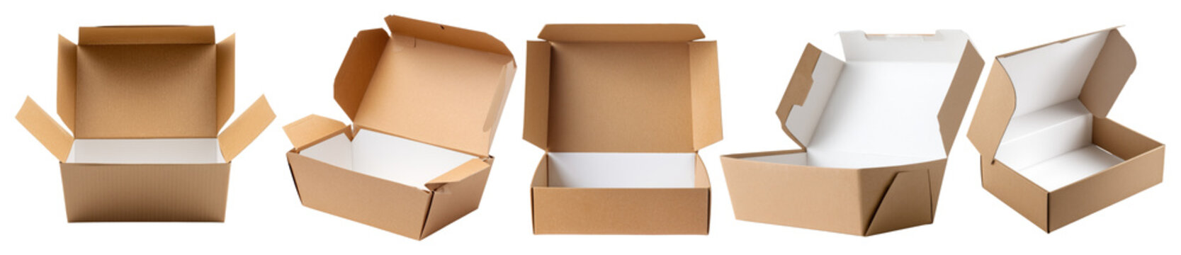 Collection of open cardboard boxes with white interior, concept of packaging, delivery, storage and shipping design