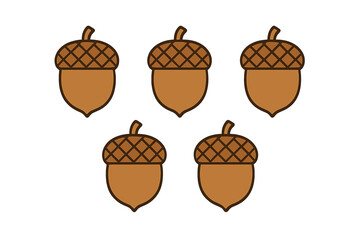 Five stylized brown acorns with dark outlines on a white background