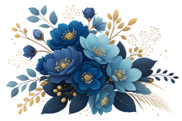 Elegant blue flowers and golden leaves arrangement isolated on transparent background