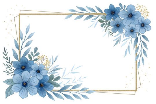 Elegant blue floral corner frame with golden border isolated on transparent background