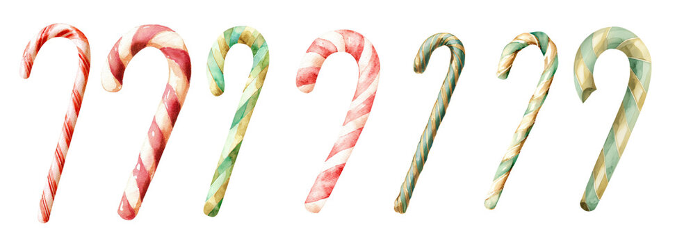 Set of colorful watercolor candy canes isolated on transparent background, concept of Christmas sweets, festive decoration and holiday illustration