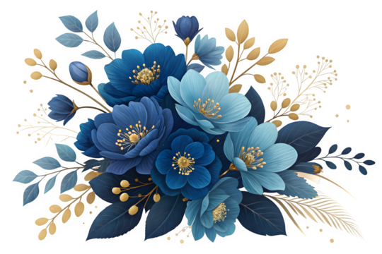 Elegant blue flowers and golden leaves arrangement isolated on transparent background