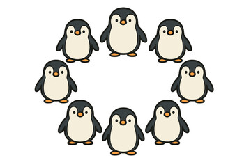 Eight cute cartoon penguins standing together in a circular pattern