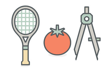 Set of icons featuring tennis racket, fresh tomato, and drawing compass