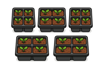 Young green sprouts emerging from soil in multiple plastic seed starting trays