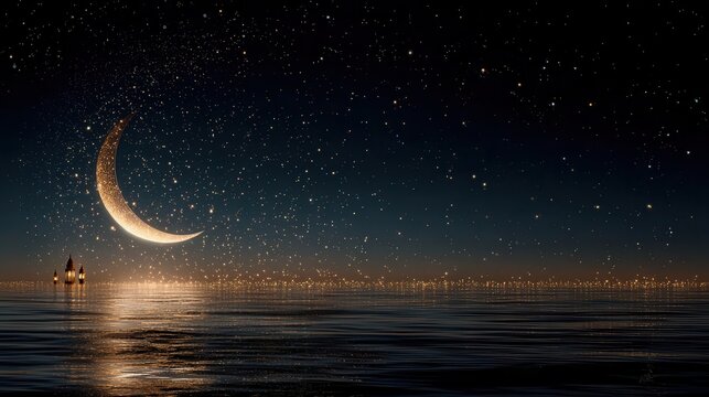 Glowing Crescent Moon Over Water with Stars and Lanterns - Powered by Adobe