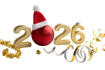 Golden 2026 numbers with santa hat and festive decorations isolated on transparent background