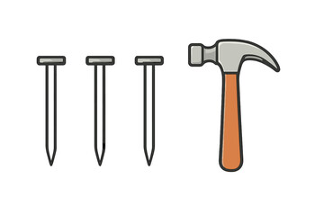 Claw hammer and three metal nails set isolated on white background