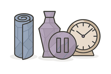 Set of four simple icons: rolled mat, vase, pause symbol, and analog clock