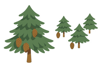 Stylized evergreen trees with hanging pine cones for nature themes