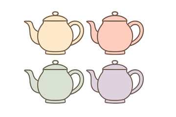 Four pastel colored teapots with dark outlines for beverage themes