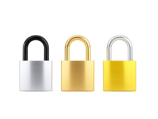 Naklejka premium Three metallic padlocks in silver, gold, and yellow colors stand upright on transparency background, symbolizing security, protection, and safety in modern, minimalistic style