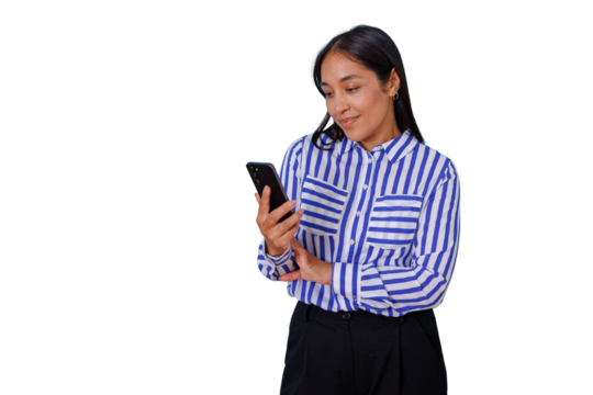 Woman smiling while browsing social media on a smartphone, connecting and communicating online, transparent background
