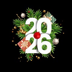 2026 New Year Holiday Design: Christmas Fir Branches, Gift Boxes, and Festive Ornaments on a Minimalist Black Background.