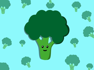 Cute cartoon broccoli with a smiling face on a seamless pattern. Fun green vegetable illustration for kids, food themes, and playful graphic projects.