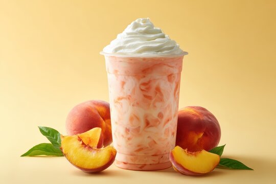 Refreshing peach smoothie with whipped cream served in a plastic cup alongside fresh peaches on a yellow backdrop evokes summer vibes - Powered by Adobe