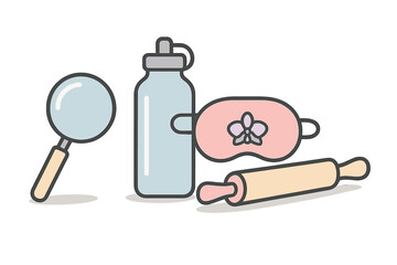 Set of essential daily life objects including magnifying glass, bottle, mask, and rolling pin