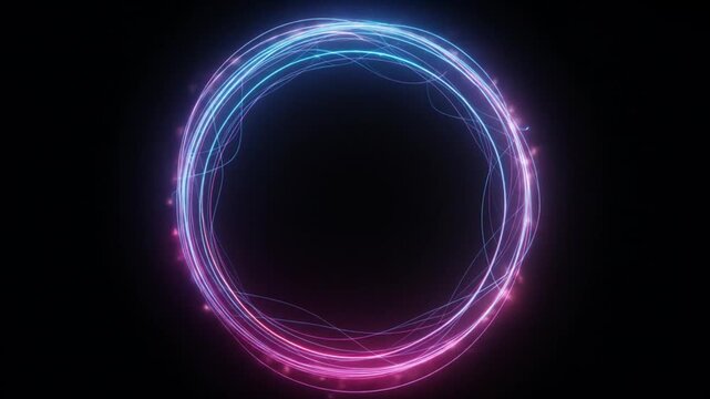 Dynamic neon light trails form a vibrant glowing circle against a dark background, suggesting energy and movement for futuristic concepts