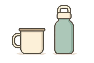 Enamel camping mug and reusable water bottle set isolated on white background